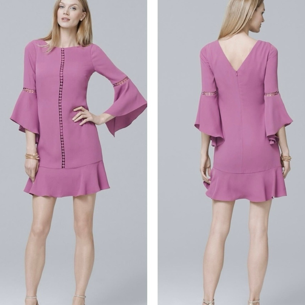 White House Black Market NWT Warm Violet Bell Sleeve Short Shift Dress Size 2